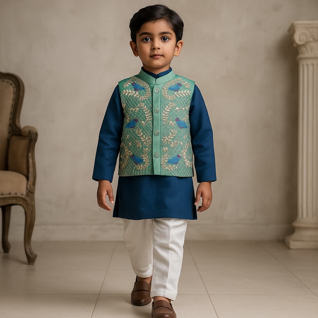 Pre Order: Blue Kurta With Bird Embroidered Green Jacket And Pyjama