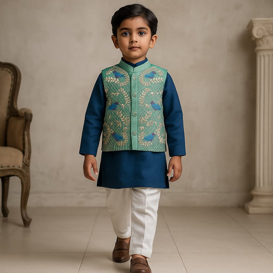 RTD Pre Order: Blue Kurta With Bird Embroidered Green Jacket And Pyjama