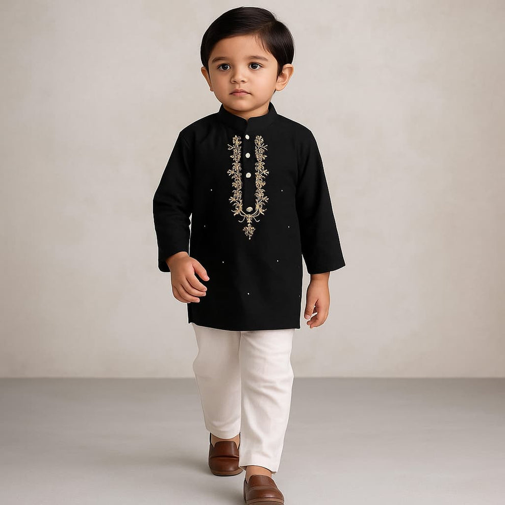 Pre Order: Black Hand Embroidered Kurta And Pyjama