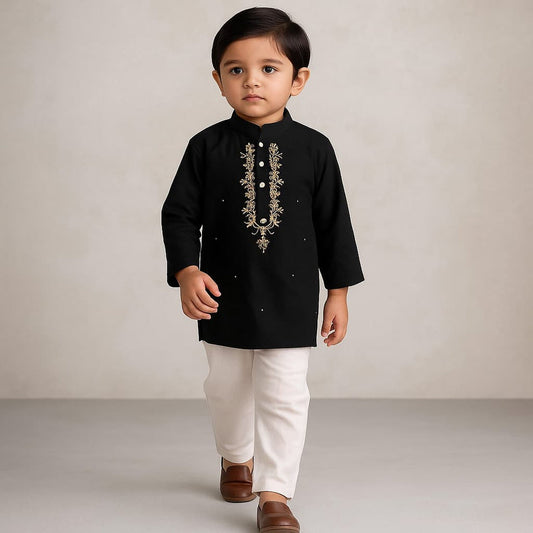 Pre Order: Black Hand Embroidered Kurta And Pyjama