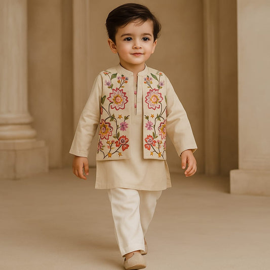 Pre Order: Beige Kurta And Embroidered Front Open Jacket With Pyjama