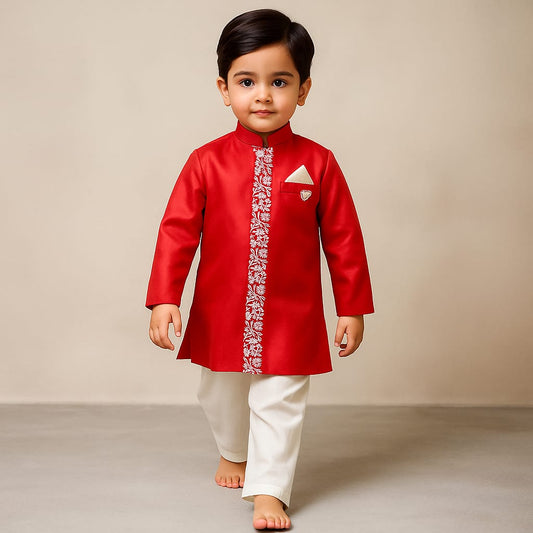 Pre Order: Red Embroidered Sherwani And Pyjama