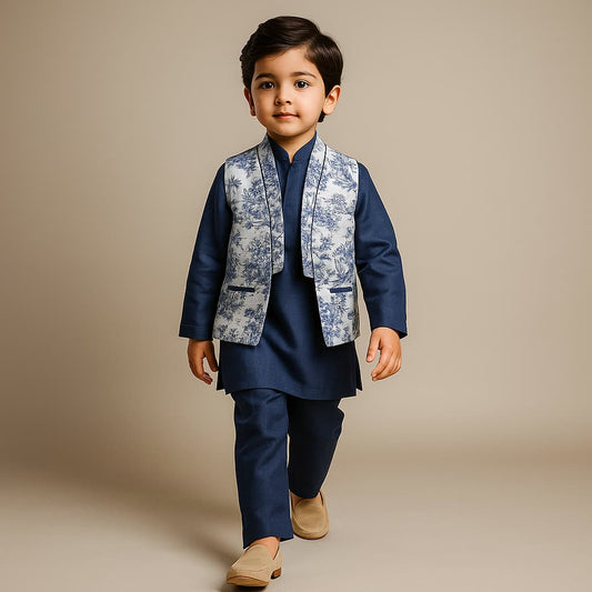 Pre Order: Blue Kurta With Printed Jacket And Pyjama