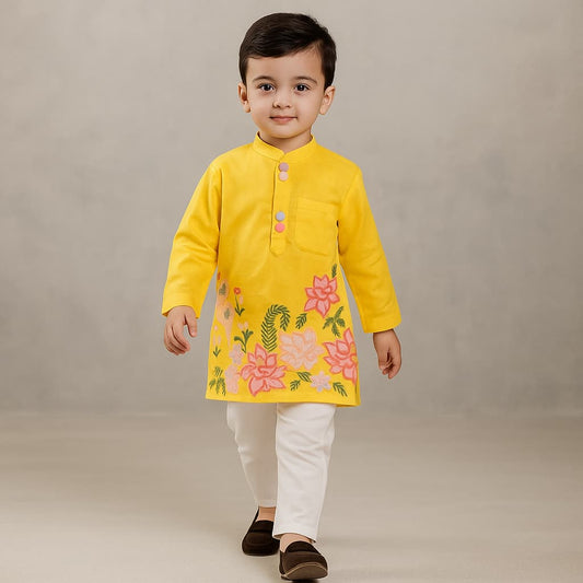 Pre Order: Yellow Embroidered Kurta And Pyjama