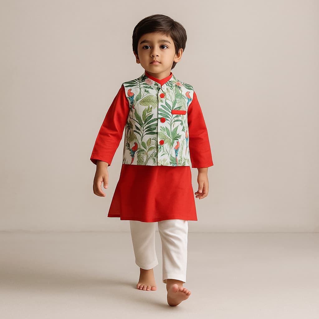 Pre Order: Red Kurta With Jungle Theme Printed Jacket And Pyjama