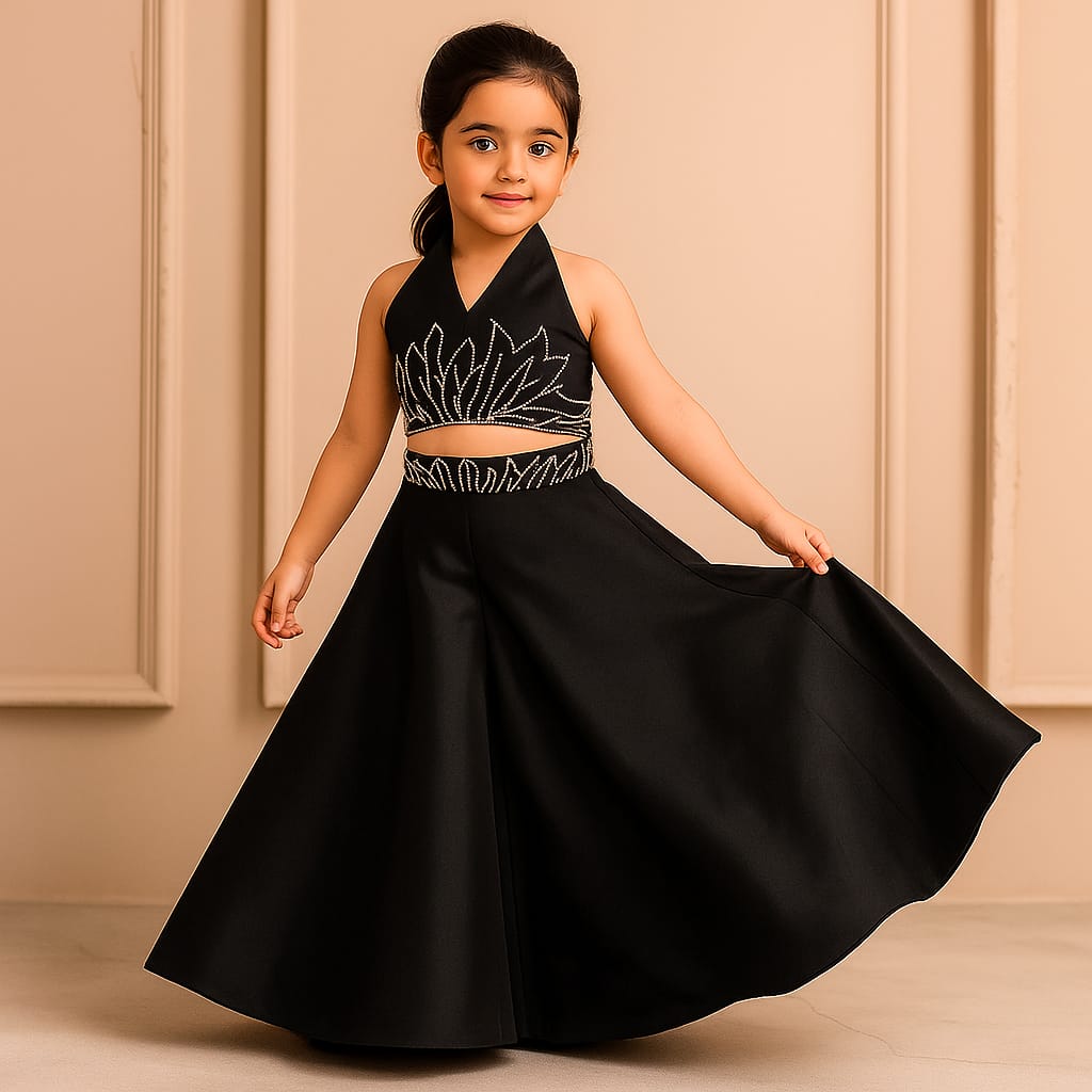 Pre Order: Black Halter Neck Top With Back Bow Detail And Flared Palazzo