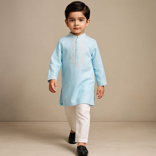 Pre Order: Thread Embroidered Blue Kurta And Pyjama