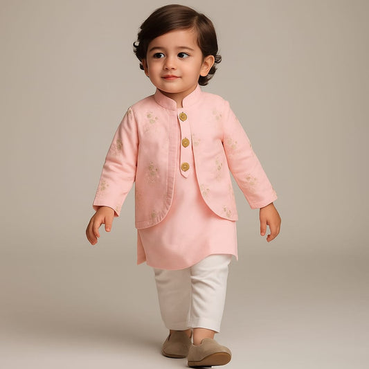 Pre Order: Zari Thread Work Full Sleeves Jacket With Kurta And Pyjama