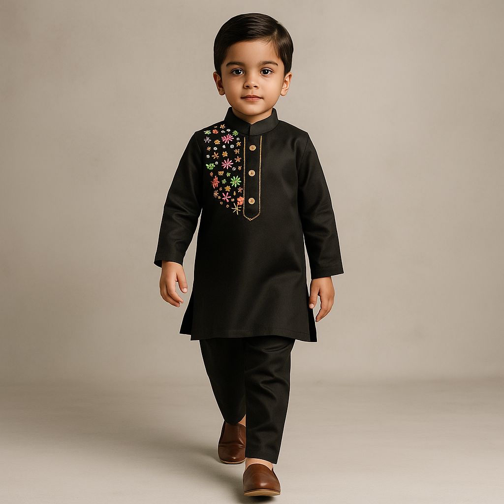 Pre Order: Black Embroidered Kurta And Pyjama