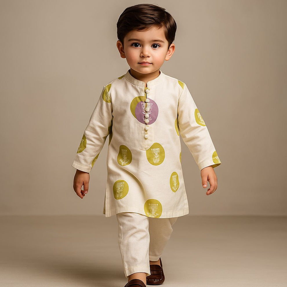 Pre Order: Printed Off White Kurta And Pyjama