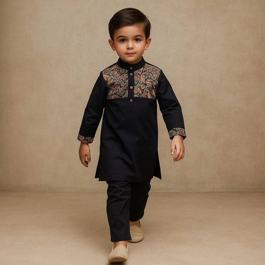 RTD Pre Order: Printed Yoke Black Kurta And Pyjama