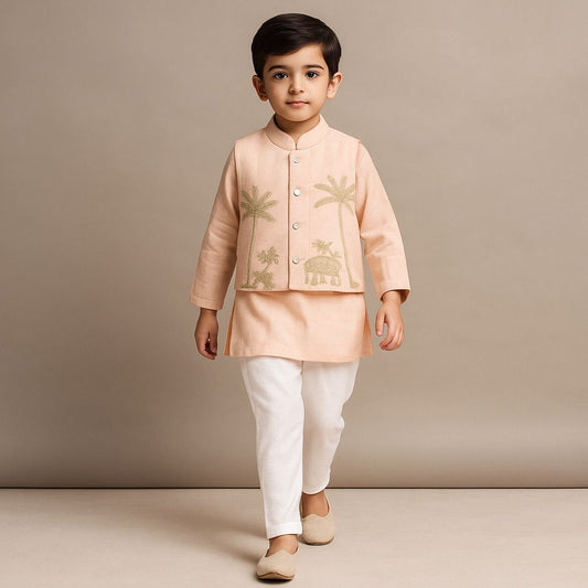Pre Order: Peach Kurta And Jungle Theme Embroidered Jacket With Pyjama