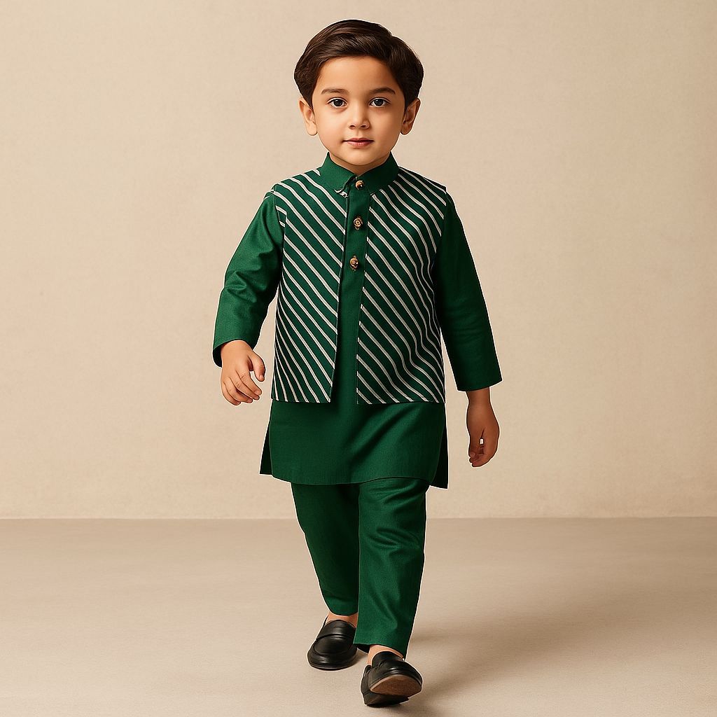 Pre Order: Ethnic Gota Lace Detailed Green Kurta And Jacket With Pyjama