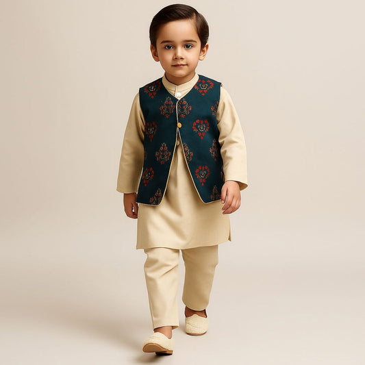 Pre Order: Beige Kurta With Printed Jacket And Pyjama