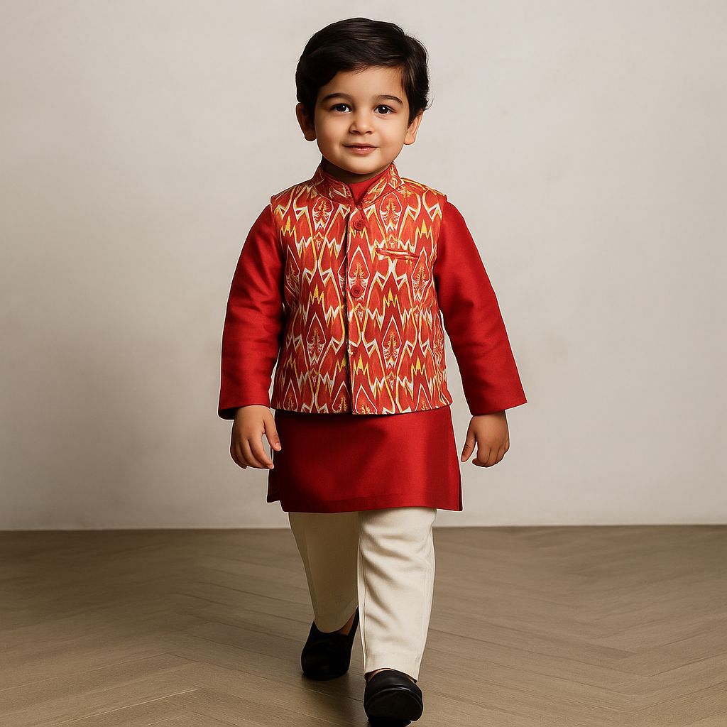 Pre Order: Red Kurta With Ikkat Printed Jacket And Pyjama