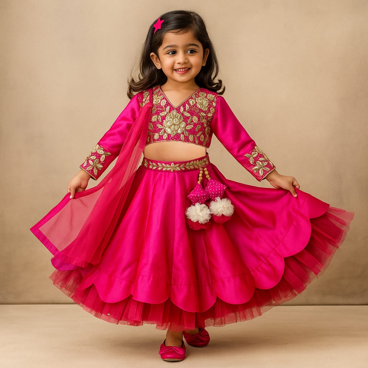 Pre Order: V Neck Floral Embroidered Pink Top And Scalloped Hem Lehenga With Net Dupatta