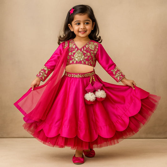 Pre Order: V Neck Floral Embroidered Pink Top And Scalloped Hem Lehenga With Net Dupatta