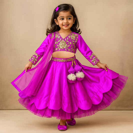 Pre Order: V Neck Floral Embroidered  Hot Pink Top And Scalloped Hem Lehenga With Net Dupatta