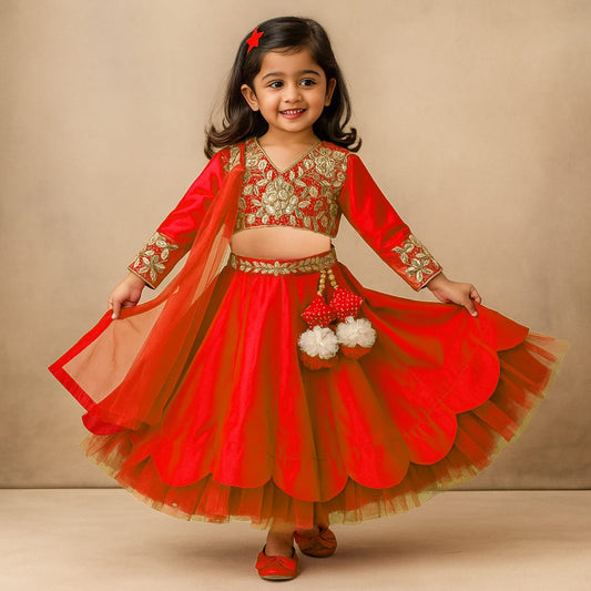 Pre Order: V Neck Floral Embroidered Red Top And Scalloped Hem Lehenga With Net Dupatta