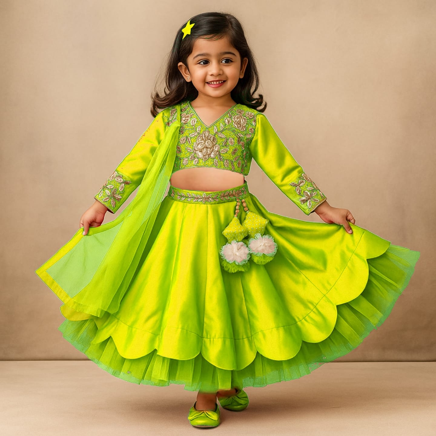 Pre Order: V Neck Floral Embroidered Green Top And Scalloped Hem Lehenga With Net Dupatta