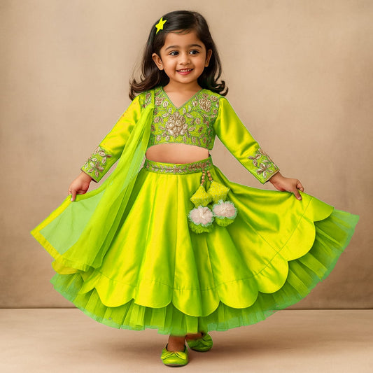 Pre Order: V Neck Floral Embroidered Green Top And Scalloped Hem Lehenga With Net Dupatta