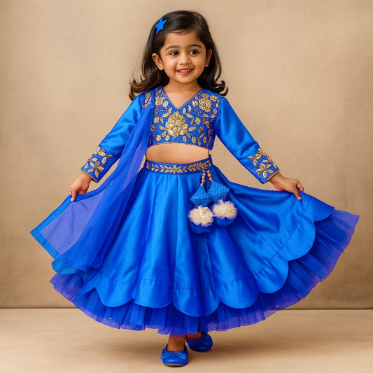 Pre Order: V Neck Floral Embroidered  Blue Top And Scalloped Hem Lehenga With Net Dupatta