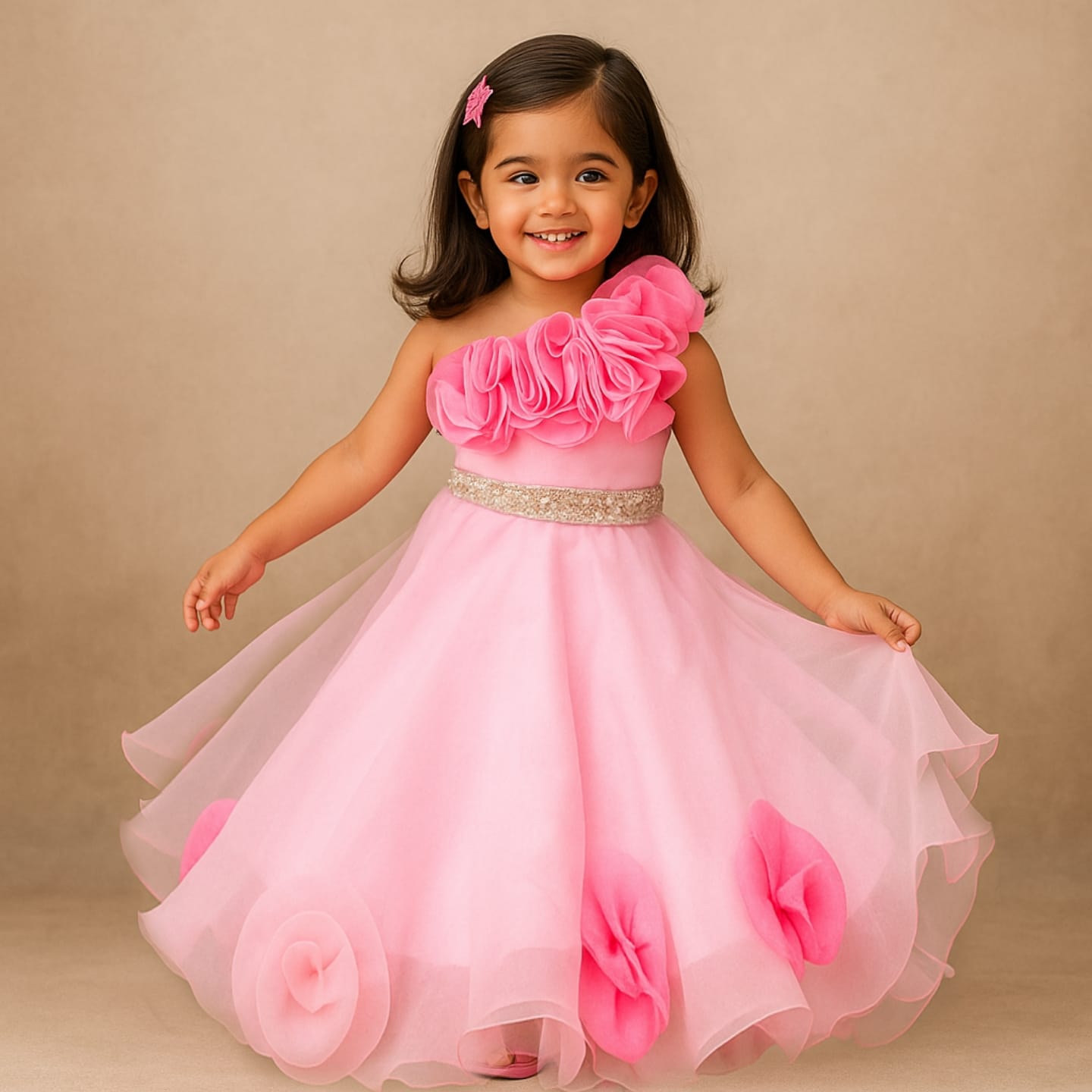 Organza One Shoulder Pink Top And Flower Adorned Flared Lehenga