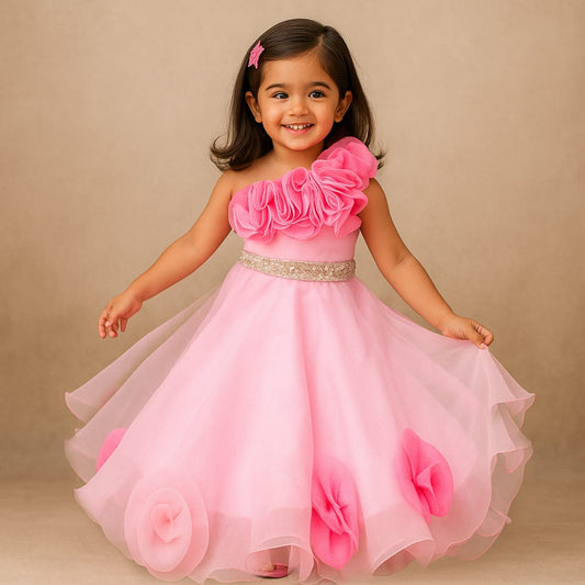 Organza One Shoulder Pink Top And Flower Adorned Flared Lehenga