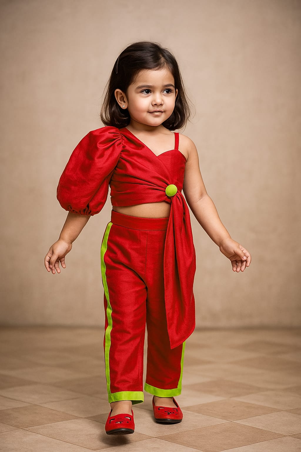 Pre Order: Contrasting Button Adorned Stylish Red Crop Top And Pant