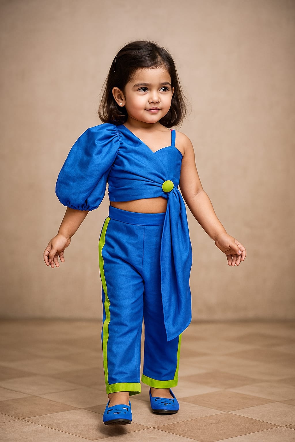 Pre Order: Contrasting Button Adorned Stylish Blue Crop Top And Pant