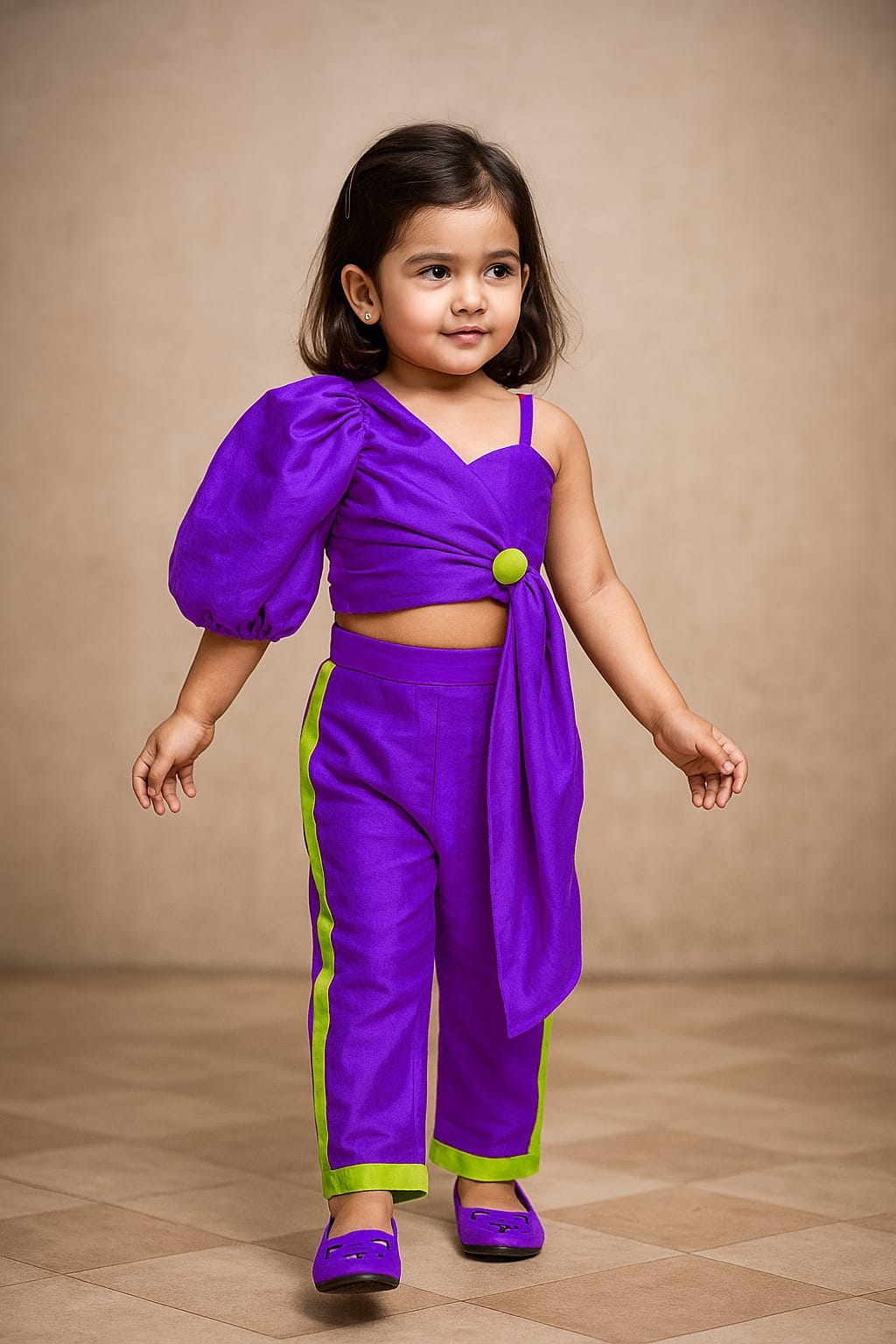 Pre Order: Contrasting Button Adorned Stylish Purple Crop Top And Pant