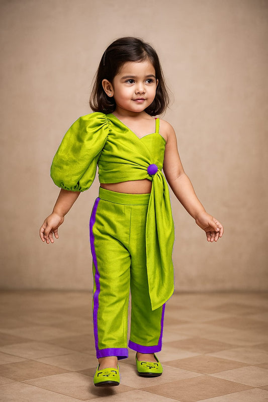 Pre Order: Contrasting Button Adorned Stylish Neon Crop Top And Pant