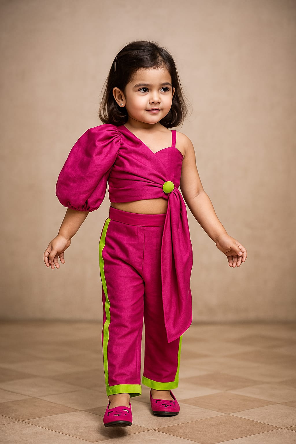 RTD Contrasting Button Adorned Stylish Rani Pink Crop Top And Pant