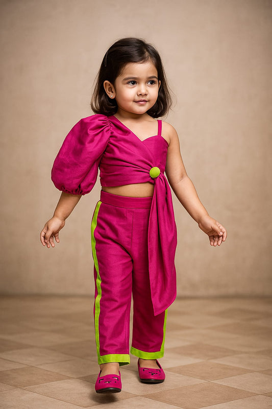 RTD Contrasting Button Adorned Stylish Rani Pink Crop Top And Pant