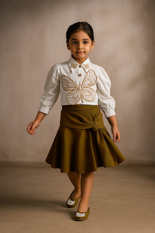 Pre Order: White Butterfly Embroidered Top With Stylish Olive Skirt