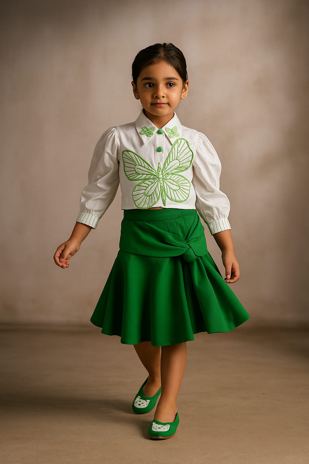 Pre Order: White Butterfly Embroidered Top With Stylish Green Skirt