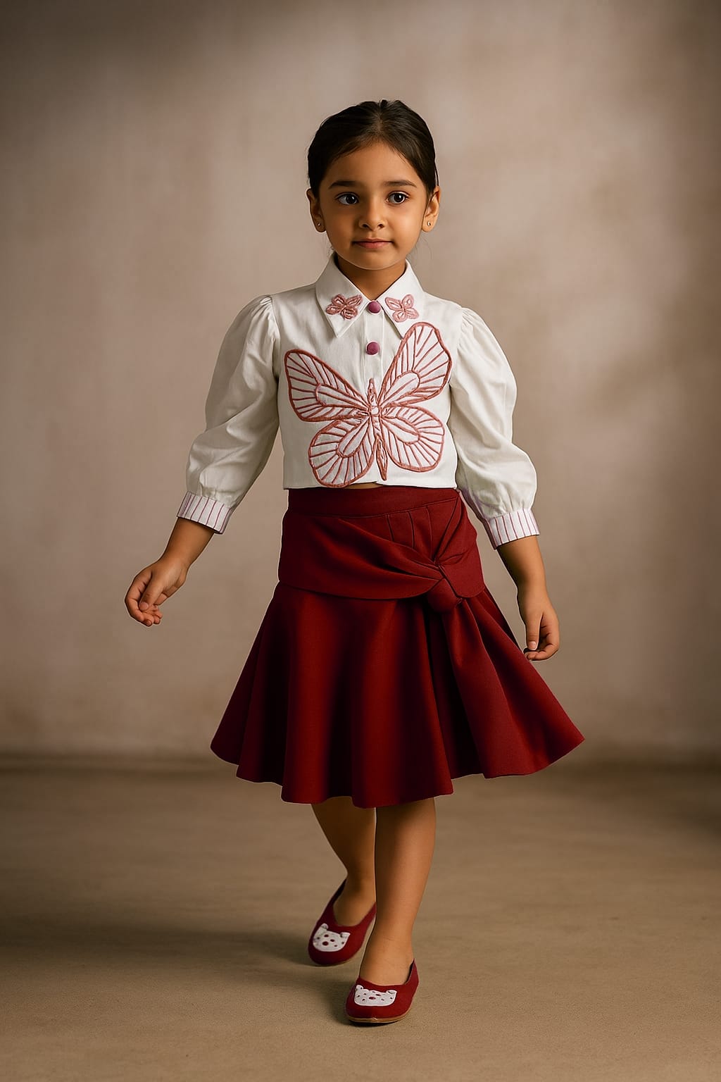 Pre Order: White Butterfly Embroidered Top With Stylish Skirt