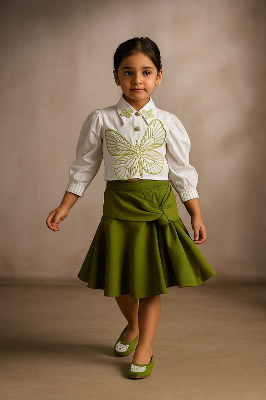 Pre Order: White Butterfly Embroidered Top With Stylish Olive Green Skirt
