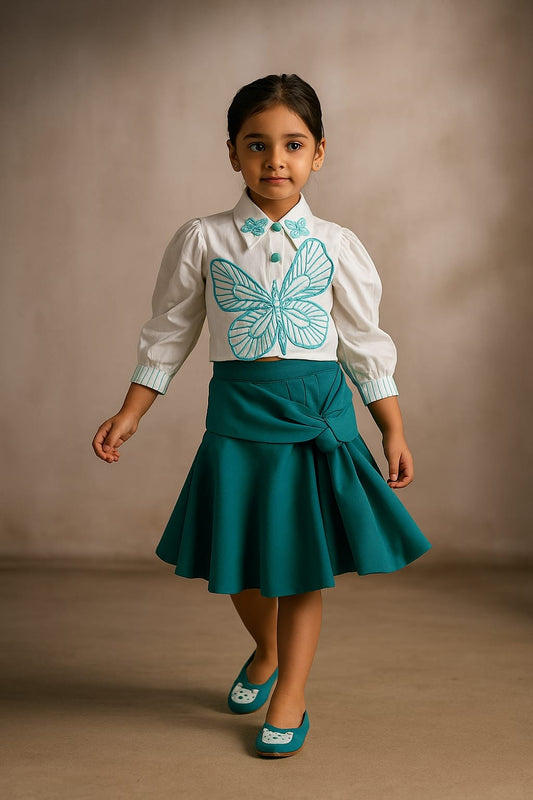 Pre Order: White Butterfly Embroidered Top With Stylish Rama Green Skirt