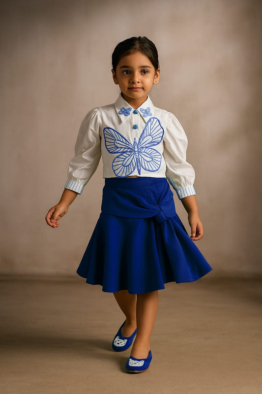 Pre Order: White Butterfly Embroidered Top With Stylish Dark Blue Skirt