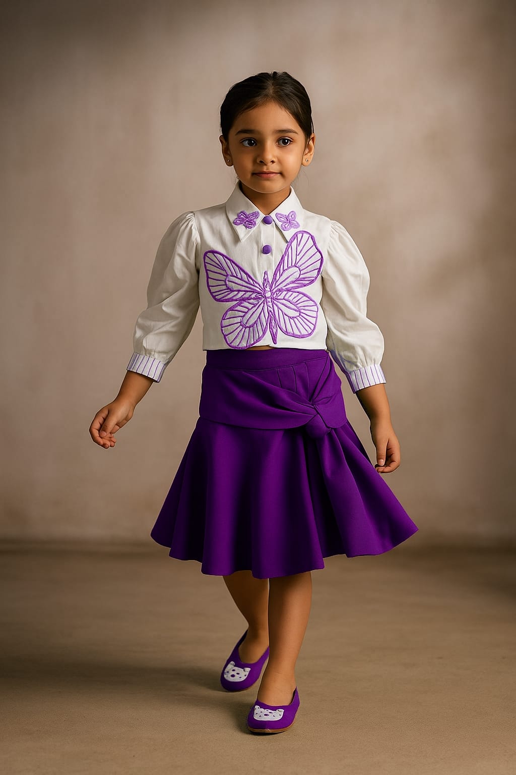Pre Order: White Butterfly Embroidered Top With Stylish Purple Skirt