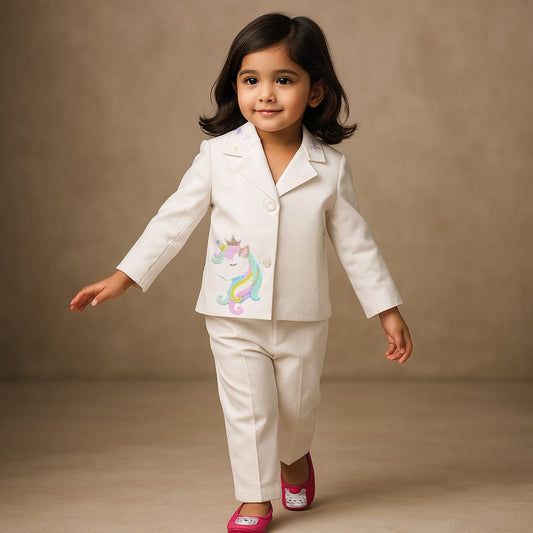 Pre Order: Pink Top With Unicorn Embroidered  Blazer And Pant