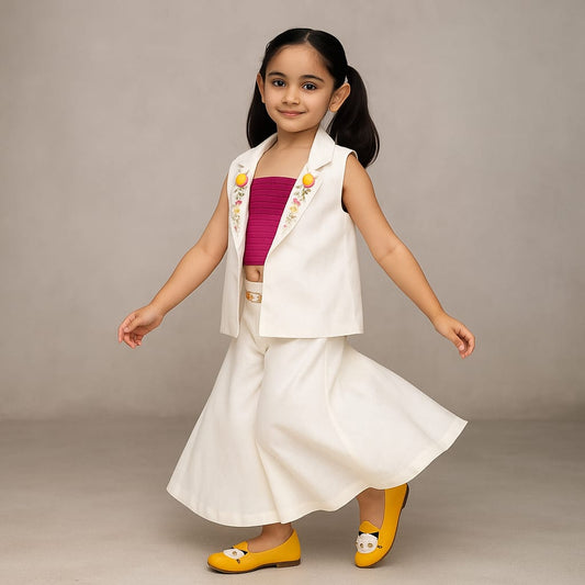 Pink Spaghetti Top With Coat Style Jacket And Palazzo With Sequin Embroidered Belt