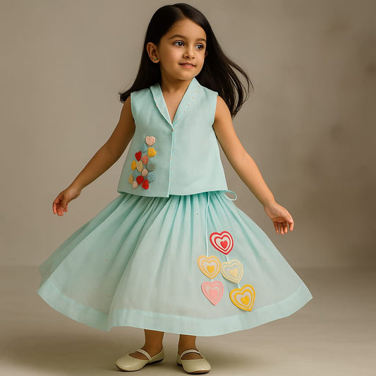 Pre Order: Tiny Hearts Embroidered Top And Lehenga