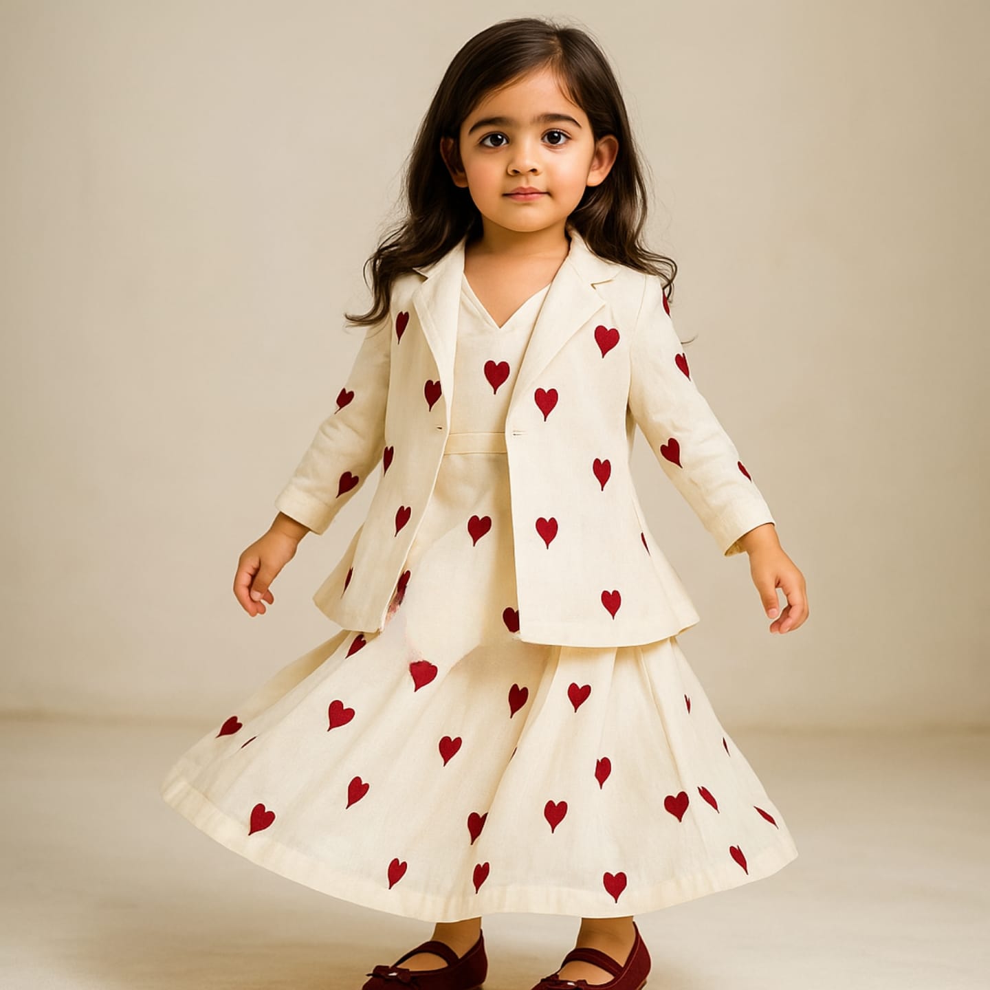 Pre Order: Hearts Embroidered Stylish Tie Knot Strap Top With Jacket And Lehenga