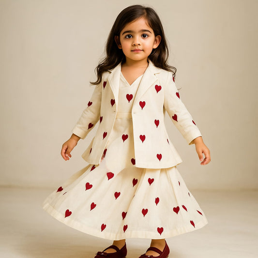 Pre Order: Hearts Embroidered Stylish Tie Knot Strap Top With Jacket And Lehenga