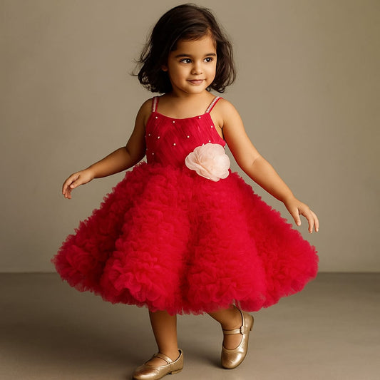 Pre Order: Frilly Ruffle Hem Strappy Red Dress