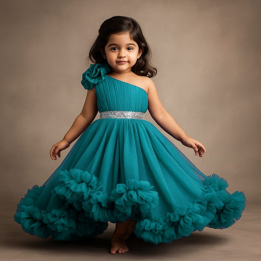 Pre Order: Rama One Shoulder High Low Dress With Matching Head Band And Detachable Bow