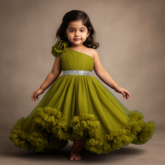 Pre Order: Olive One Shoulder High Low Dress With Matching Head Band And Detachable Bow