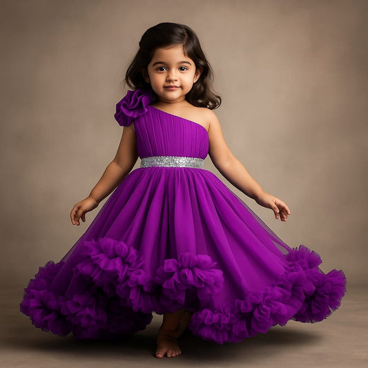 Pre Order: Wine One Shoulder High Low Dress With Matching Head Band And Detachable Bow